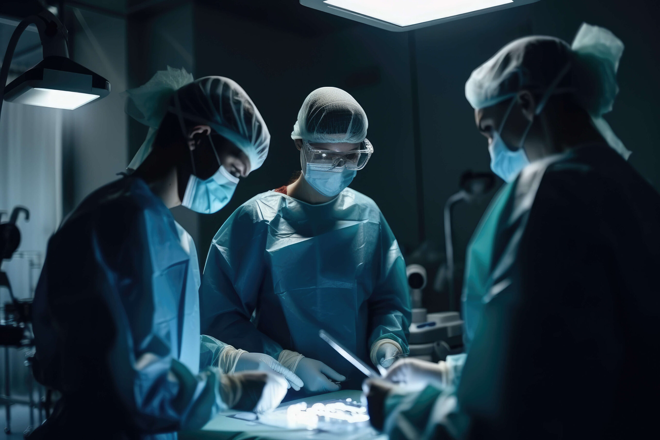 A team of surgeons in blue scrubs are operating on a patient.