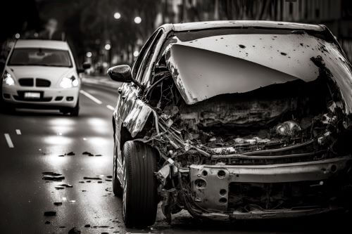 A grey picture of a severly damaged car after a car accident.