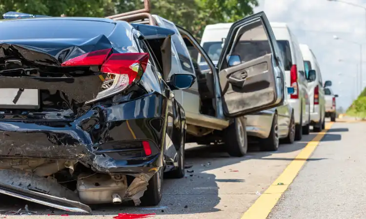 A car wreck causing traffic on a road after a DUI accident between the two vehicles involved.