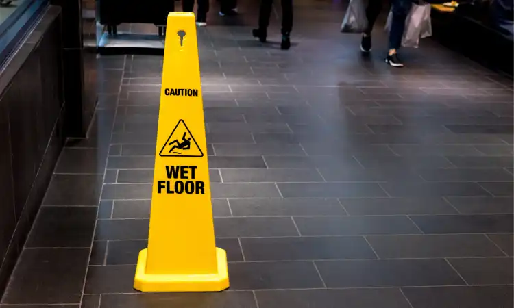 A wet floor sign warning against danger in a dimly-lit cafe setting.