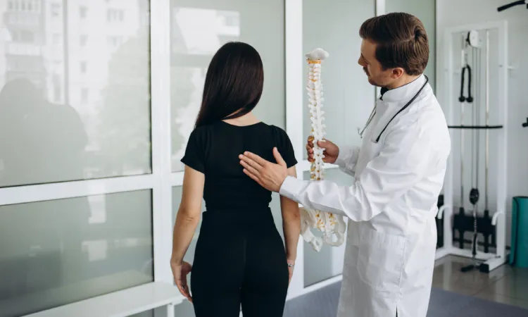 A doctor checking a patient's back for signs of injury and demonstrating his findings with a model of the human spine.