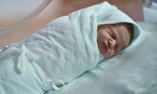 A newborn baby swaddled in cloth and sleeping inside an incubator.