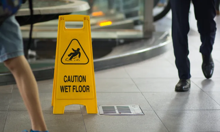 A worker cleaning the floor next to a wet floor sign with another person approaching from behind.