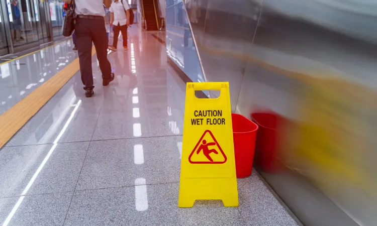 A wet floor sign and a red bucket on the side of a train station platform with people moving past.