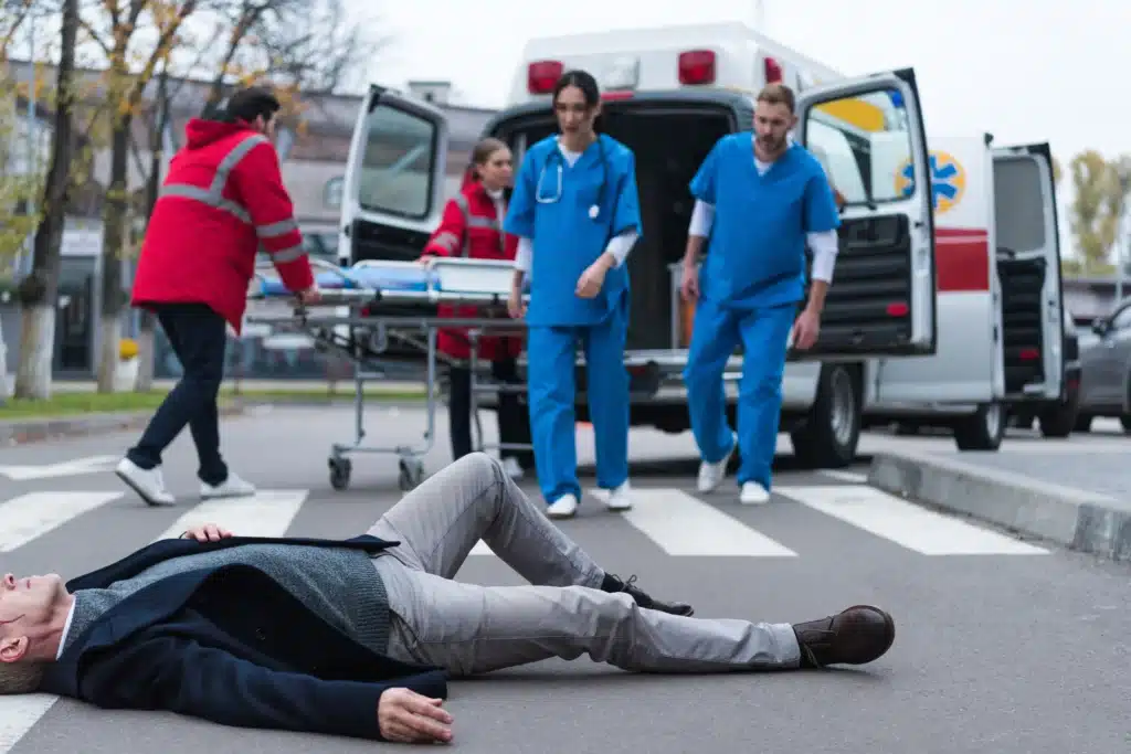 Paramedics walking towards a man lying helplessly on the road