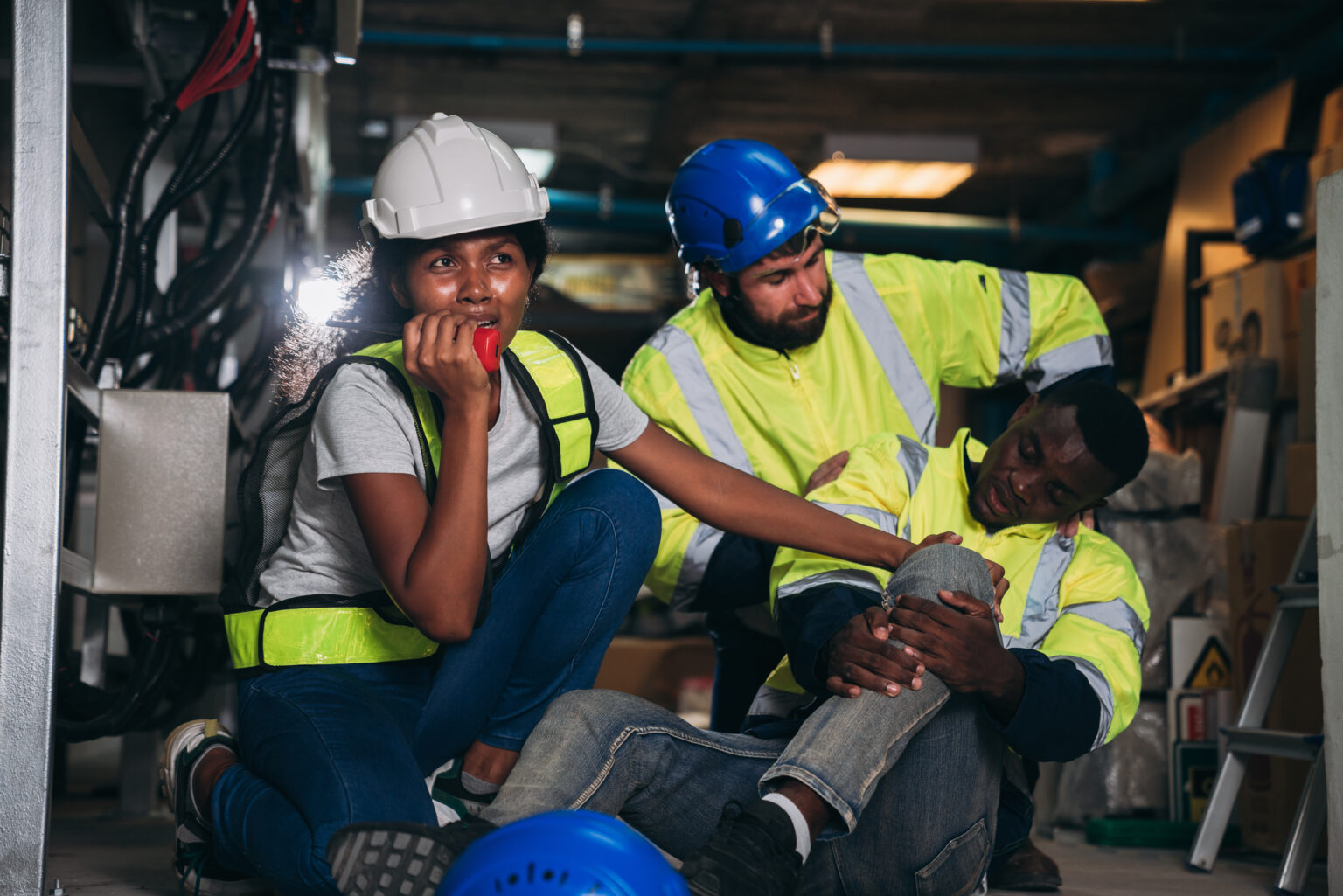 workers assisting an injured colleague at an industrial worksite