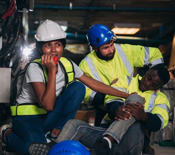 Team Engineers calls for assistance after a team member sustains a leg injury while doing electrical work. Technician in inverter solar panel room.