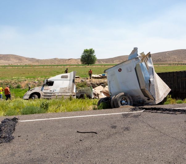 An accident truck and people around the woods it feel in