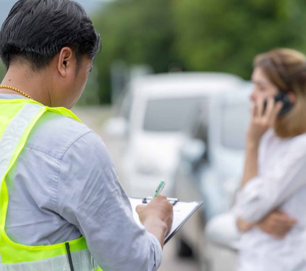 woman on the phone while person files a report for the car accident