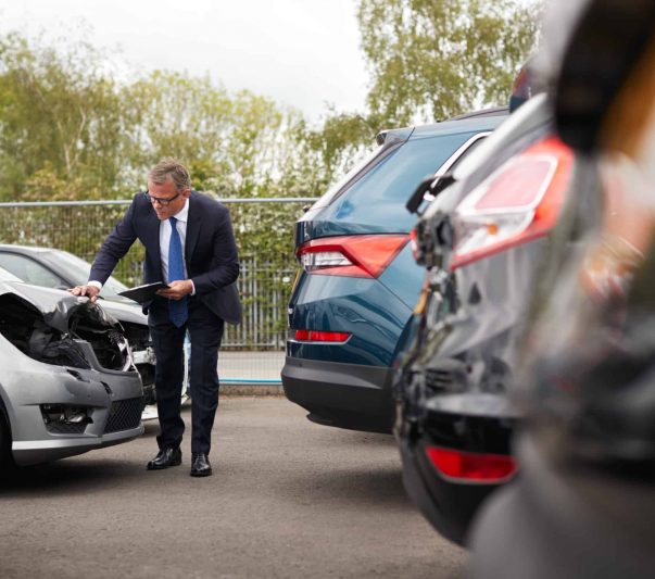 Male Insurance Loss Adjuster With Digital Tablet Inspecting Damage To Car From Motor Accident